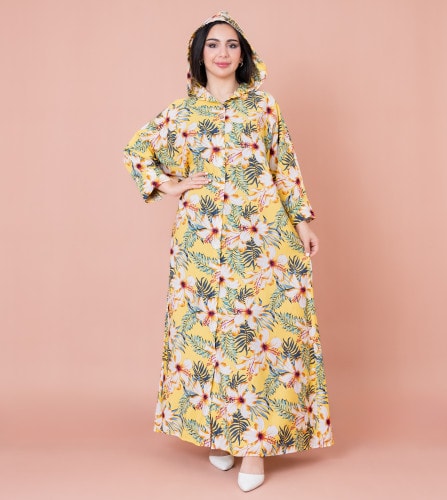 Floral Printed Hoodie Jalabiya IK1030 Yellow