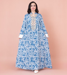 Embroidered Leaf Print Jalabiya IN1031 Blue image