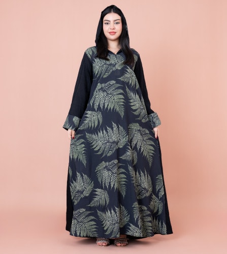 Hooded Leaf Print Jalabiya IK1033 Black