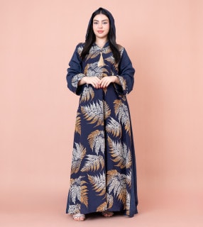 Hooded Leaf Print Jalabiya IK1033 Blue image
