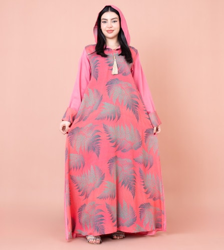 Hooded Leaf Print Jalabiya IK1033 Pink