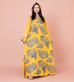 Hooded Leaf Print Jalabiya IK1033 Yellow image