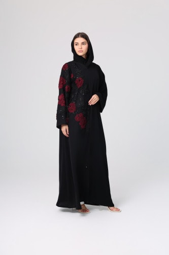 Embroidery Red Roses Beaded Abaya ABY1122