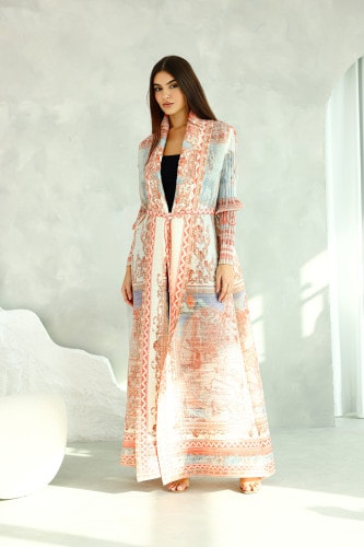 Colorful Printed Light Colors Mid Belted Abaya IKA002