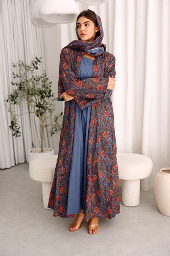 Beautiful Orange Flowers Prints Abaya Blue ABY1217