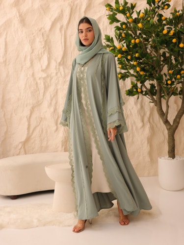 Sage Trim Lace Abaya ABY1231